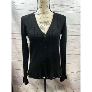 Lulus large black 1/4 button pullover sweater, with ruffles on bottom edge (#198